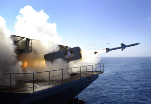 A RIM 7 Sea Sparrow missile launches from USS Abraham Lincoln.